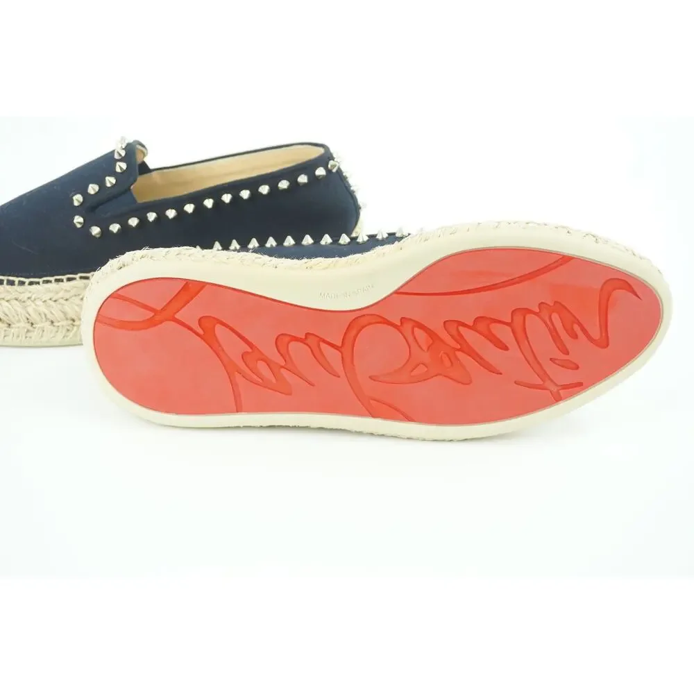 Christian Louboutin Espaboat Navy Canvas Spiked Espadrille Flat SZ 37 NIB